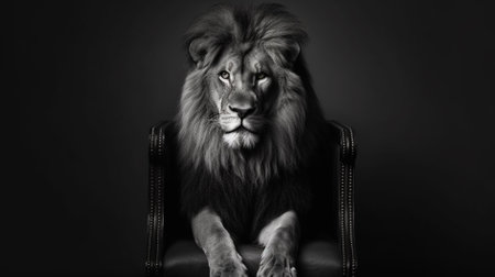 Black and white portrait of a lion sitting in a leather armchairの素材