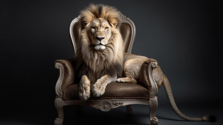 Studio shot of a lion sitting on an old vintage armchair.の素材