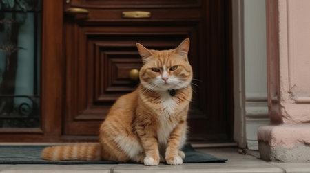 Red cat sits on the doorstep of the house and looks at the cameraの素材