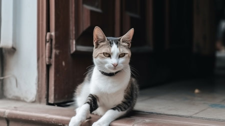 A cat sitting on the porch of a house in the city.の素材