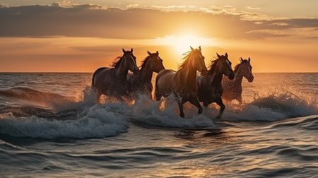 Herd of horses running in the sea on the sunset background.の素材