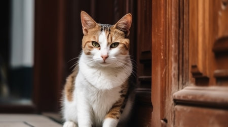Domestic cat sitting in front of a wooden door. Selective focus.の素材