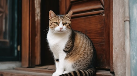 Cat sitting on a window sill in front of a wooden door.の素材