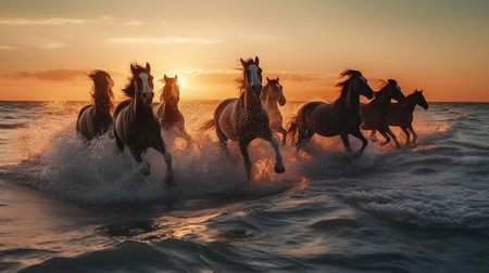 Herd of horses galloping in the sea at sunset. 3d renderingの素材
