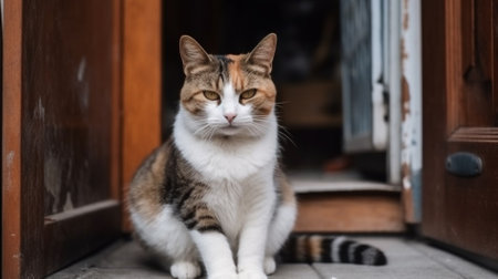Domestic cat sitting on the porch of a house in the villageの素材