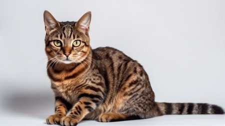 Studio shot of a beautiful bengal cat sitting on white background.の素材
