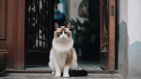 Tricolor cat sitting on the floor in front of the doorの素材