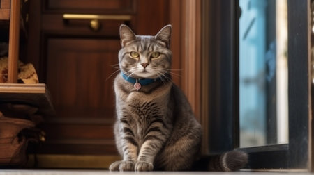 Beautiful cat sitting on the floor in front of the door.の素材