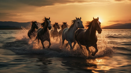 Horses running in the water at sunset, California, USA.の素材