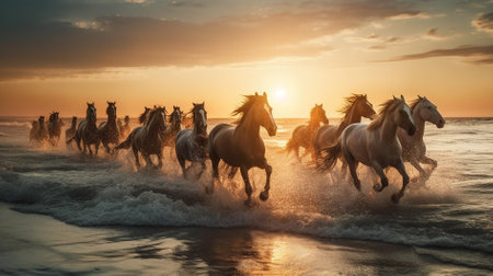 Herd of horses galloping on the beach at sunset in summerの素材