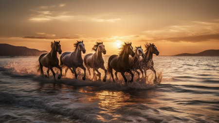 Herd of horses galloping in the sea at sunset in summerの素材