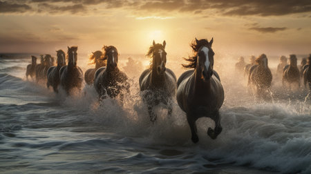 Herd of horses running in the waves at sunset on the beachの素材