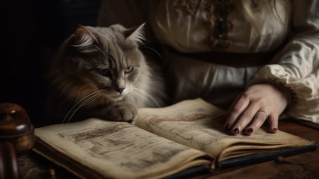 Cute cat reading a book in a dark room with wooden gavelの素材