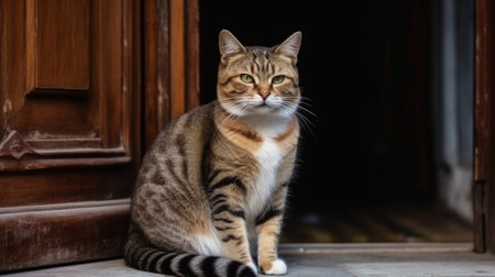 Beautiful cat sitting in front of the door and looking at the cameraの素材