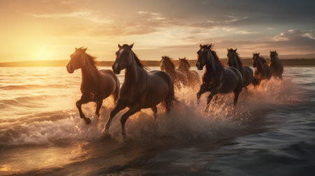Herd of horses galloping in the sea at sunset in summerの素材