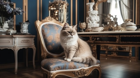 Portrait of a beautiful cat of siberian breed on an antique chairの素材