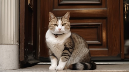 Beautiful cat sitting in front of a door in the city.の素材