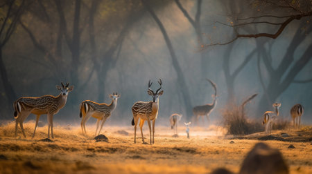 Herd of antelopes in the morning mist at Ranthambore National Park, Indiaの素材