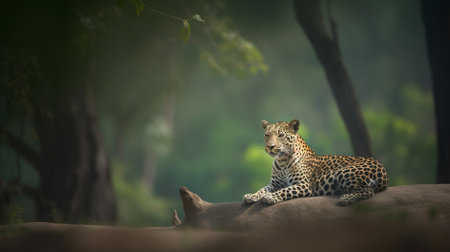 Leopard lying on the rock in the forest. Panthera pardusの素材