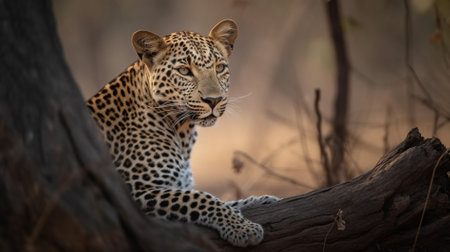 Leopard lying on a log in the Kruger National Park, South Africa.の素材