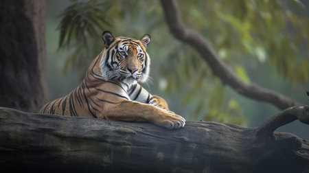 Tiger lying on a log in the jungle. (Panthera tigris altaica)の素材