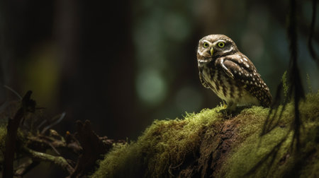 Little owl, Athene brama, sitting on a branch in the forestの素材