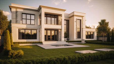 3d rendering of modern luxury house with garden in the evening.の素材