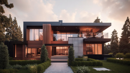 3d rendering of modern cozy house with pool and parking for sale or rent in luxurious style and beautiful landscaping on background. Clear summer evening with golden sunlight.の素材