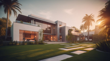 3d rendering of modern cozy house with pool and parking for sale or rent in luxurious style.の素材
