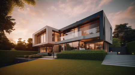 3d rendering of modern cozy house with pool and parking for sale or rent in luxurious style and beautiful landscaping on background.の素材