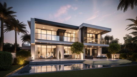 3d rendering of modern cozy house with garage for sale or rent with beautiful landscaping on background.の素材