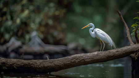 Great egret (Ardea alba) standing on a logの素材