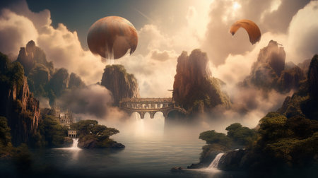 Fantasy landscape with bridge and flying balloons. 3D rendering.の素材
