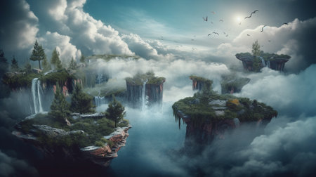 Fantasy landscape with a waterfall in the clouds. 3d renderingの素材