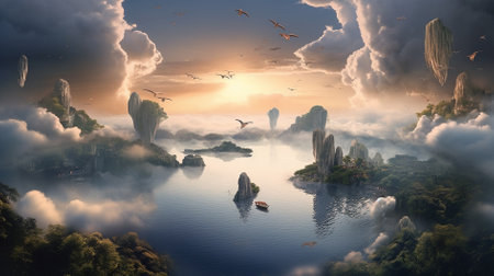 Fantasy landscape with foggy lake and islands. 3d renderingの素材