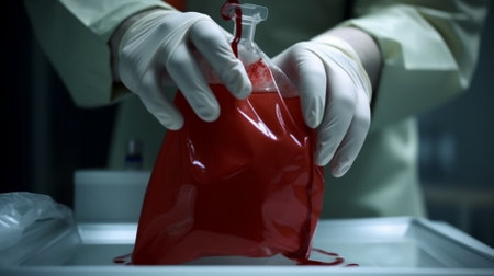 Close-up of a female scientist pouring blood into a test tube.の素材