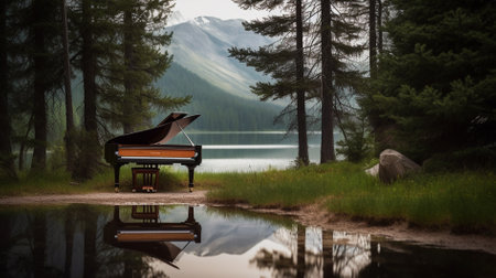 Grand piano on the shore of a mountain lake in the forest.の素材