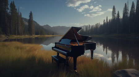 Grand piano on a lake in the mountains. 3d render.の素材