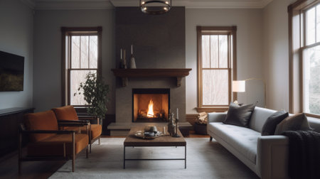 Living room with fireplace, sofa, armchair and coffee table.の素材