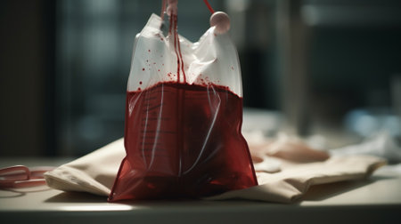 Blood donation bag with blood on table in hospital. Blood donation concept.の素材