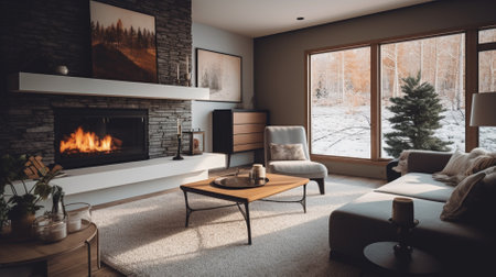 Cozy living room interior with fireplace, comfortable sofa, coffee table, panoramic window and winter landscapeの素材