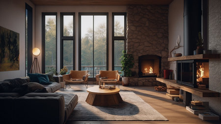 Cozy living room with fireplace and armchairs. 3d renderingの素材