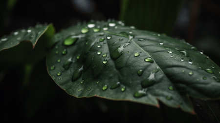 Water droplets on the leaves of a tropical plant after the rainの素材