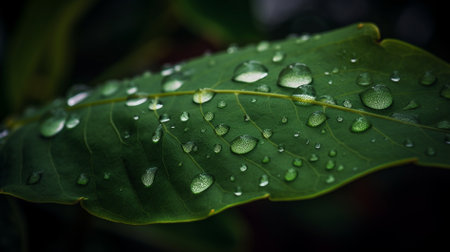 Drops of water on a green leaf in the rain. Close-upの素材
