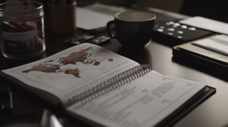 Notebook and coffee cup on the table in the office. Close upの素材