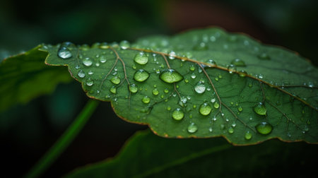 Water drops on a green leaf, closeup. Natural background.の素材