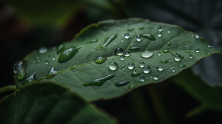 Water drop on green leaf after rain. Natural background. Shallow depth of field.の素材