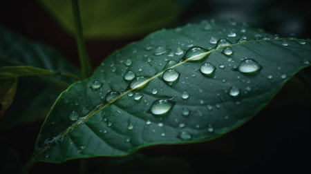 Water drops on green leaf after the rain. Natural background. Shallow depth of field.の素材