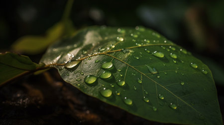 Water drop on green leaf in rain forest. Natural background with copy space.の素材