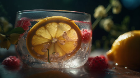 Cocktail with lemon and raspberries on a black backgroundの素材